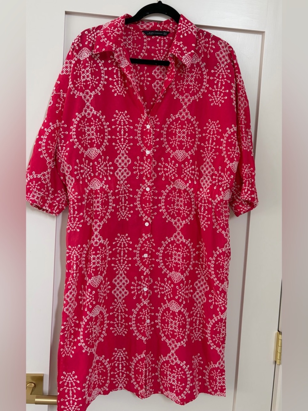 Zara Woman Red Embroidered Button-Up dress